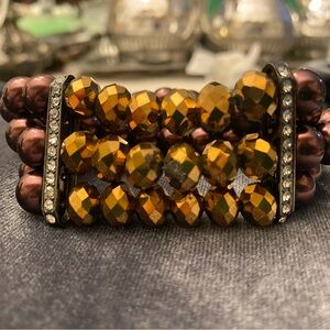 Faceted Gold & Chocolate Bead Stretch Bracelet | Rhinestone Spacers
